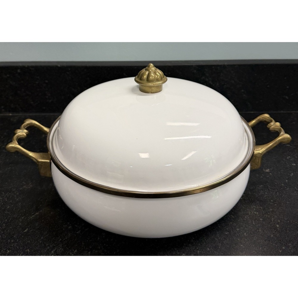 Vintage Bon Chef White Enamel Steamer Pan w Lid Brass Handles Buffet Ware